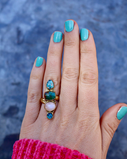 Winter Thaw Ring Neon Apatite, Peruvian Opal & Turquoise in Gold Alchemia, Adjustable Size