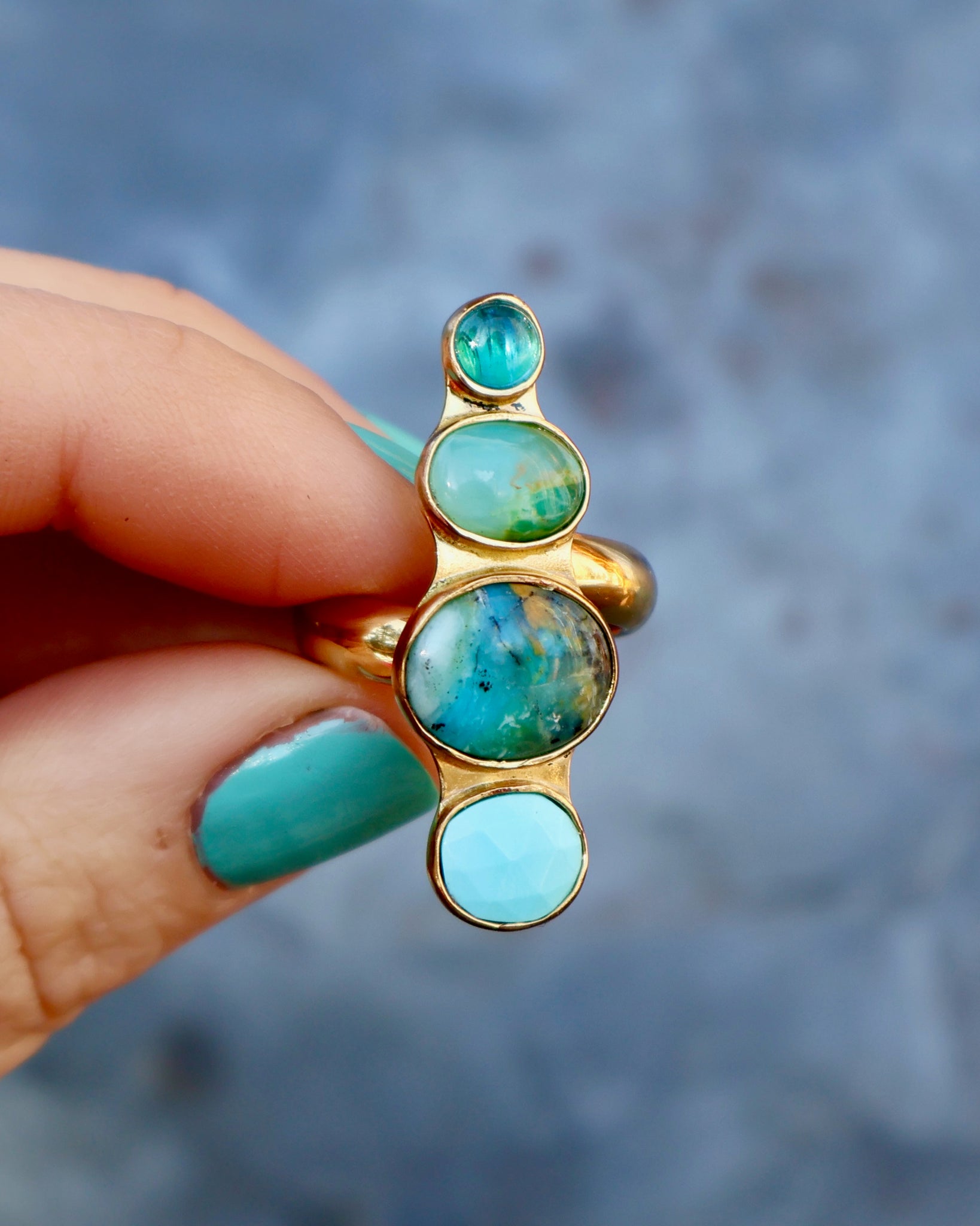 Winter Thaw Ring Neon Apatite, Peruvian Opal & Turquoise in Gold Alchemia, Adjustable Size WT10