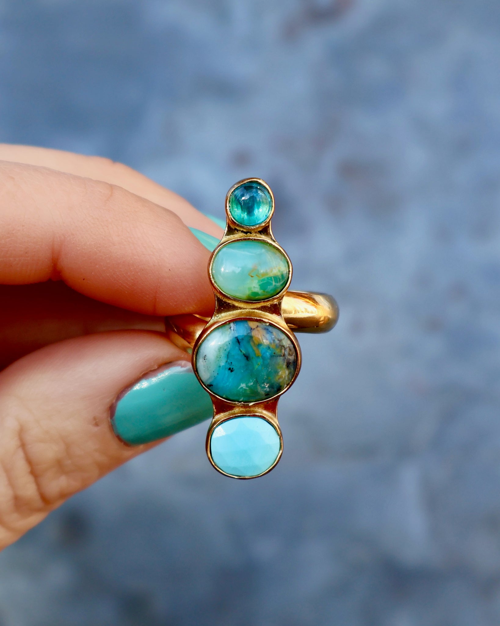 Winter Thaw Ring Neon Apatite, Peruvian Opal & Turquoise in Gold Alchemia, Adjustable Size WT10