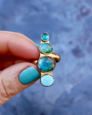 Winter Thaw Ring Neon Apatite, Peruvian Opal & Turquoise in Gold Alchemia, Adjustable Size WT10