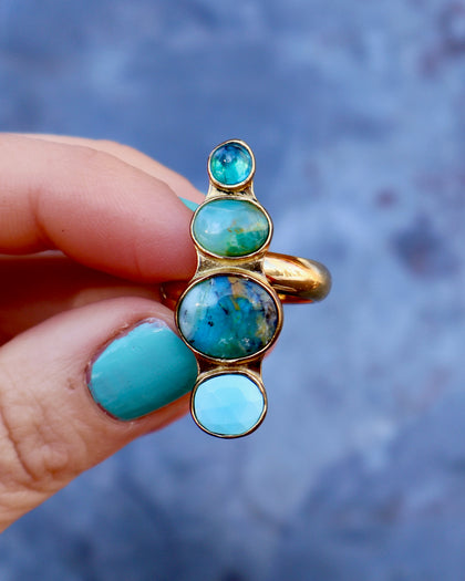 Winter Thaw Ring Neon Apatite, Peruvian Opal & Turquoise in Gold Alchemia, Adjustable Size