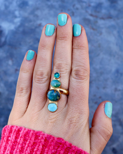 Winter Thaw Ring Neon Apatite, Peruvian Opal & Turquoise in Gold Alchemia, Adjustable Size
