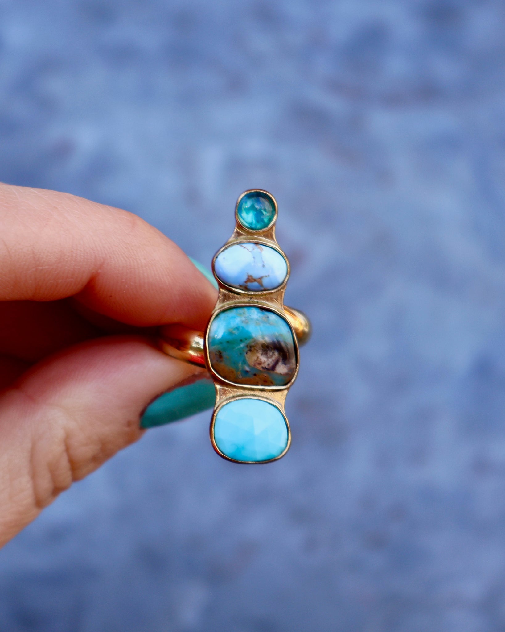 Winter Thaw Ring Neon Apatite, Peruvian Opal & Blue Ridge Turquoise in Gold Alchemia, Adjustable Size WT11