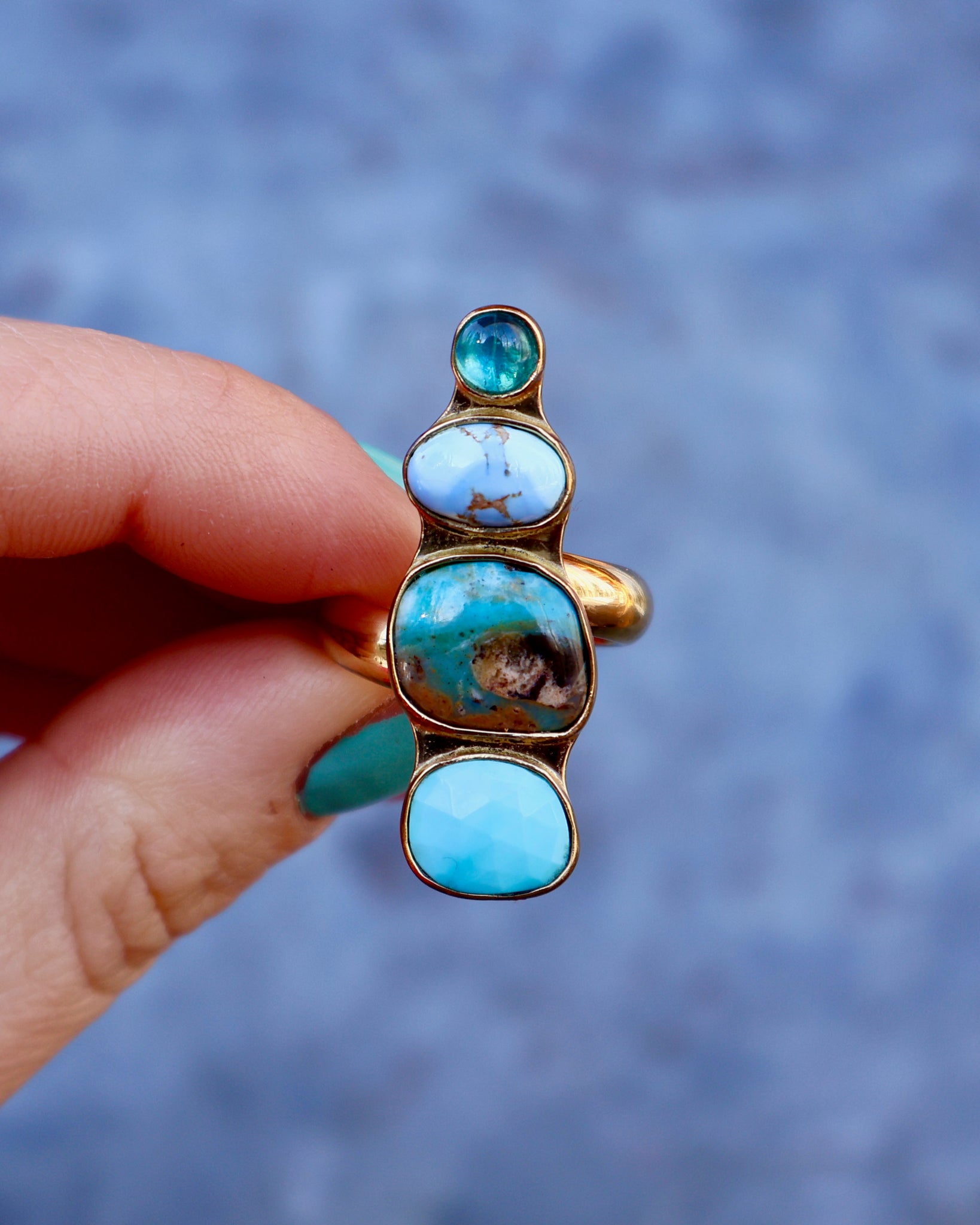 Winter Thaw Ring Neon Apatite, Peruvian Opal & Blue Ridge Turquoise in Gold Alchemia, Adjustable Size WT11