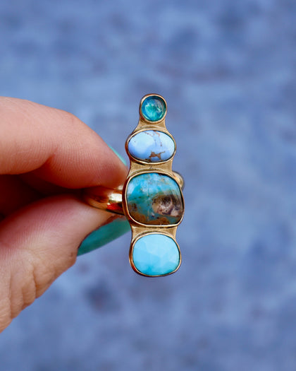 Winter Thaw Ring Neon Apatite, Peruvian Opal & Blue Ridge Turquoise in Gold Alchemia, Adjustable Size