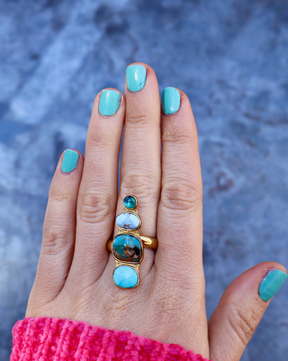 Winter Thaw Ring Neon Apatite, Peruvian Opal & Blue Ridge Turquoise in Gold Alchemia, Adjustable Size