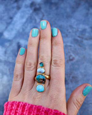 Winter Thaw Ring Neon Apatite, Peruvian Opal & Blue Ridge Turquoise in Gold Alchemia, Adjustable Size WT11