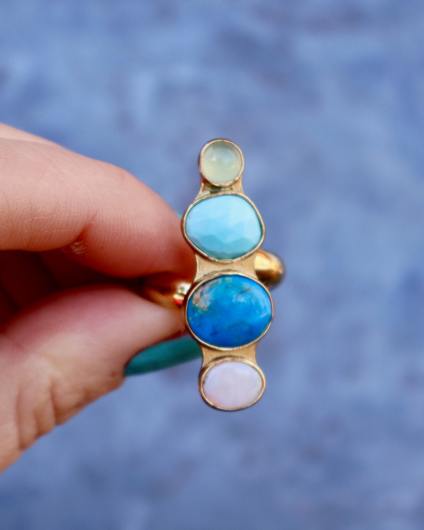 Winter Thaw Ring Chalcedony, Peruvian Opal &  Turquoise in Gold Alchemia, Adjustable Size WT12