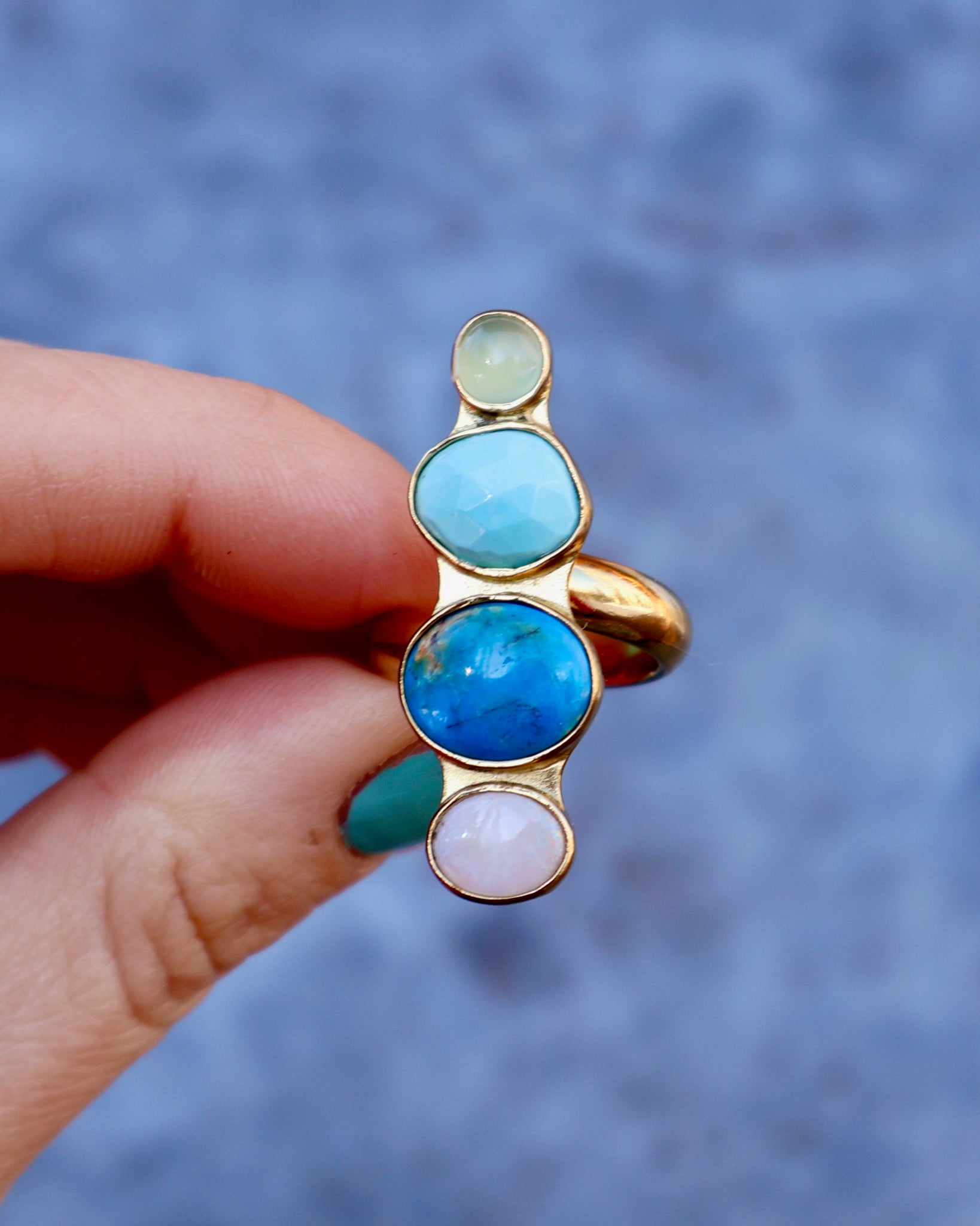 Winter Thaw Ring Chalcedony, Peruvian Opal &  Turquoise in Gold Alchemia, Adjustable Size WT12