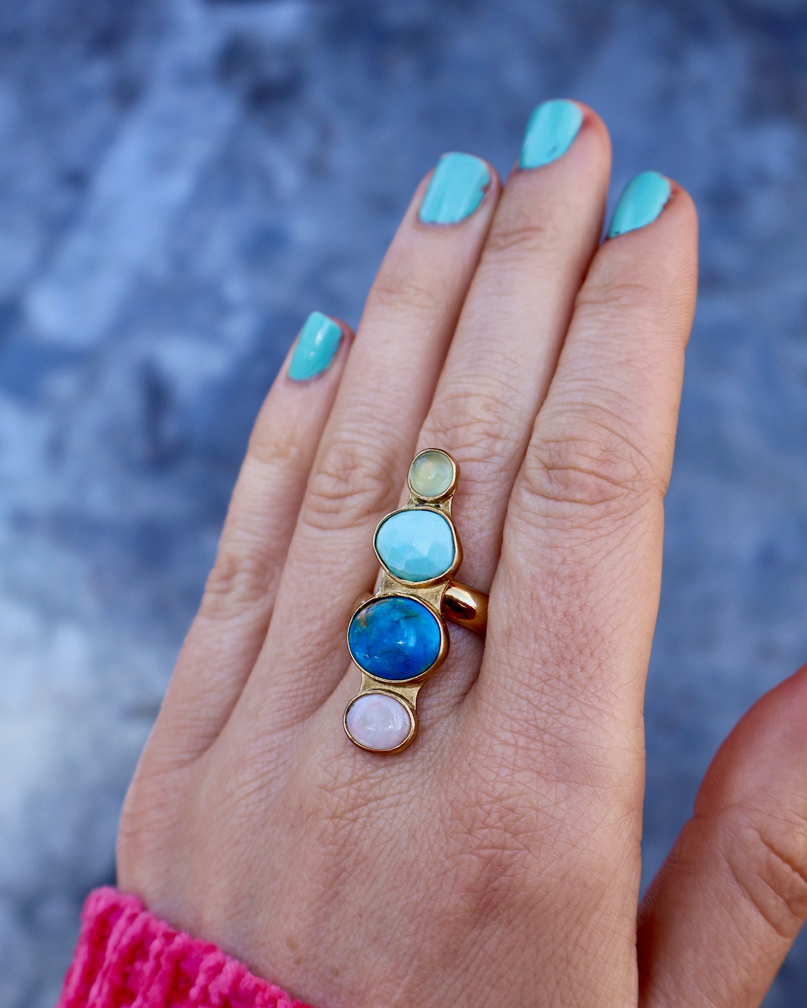 Winter Thaw Ring Chalcedony, Peruvian Opal &  Turquoise in Gold Alchemia, Adjustable Size WT12