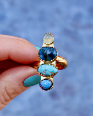 Winter Thaw Ring Chalcedony, Peruvian Opal &  Golden Hills Turquoise in Gold Alchemia, Adjustable Size WT13