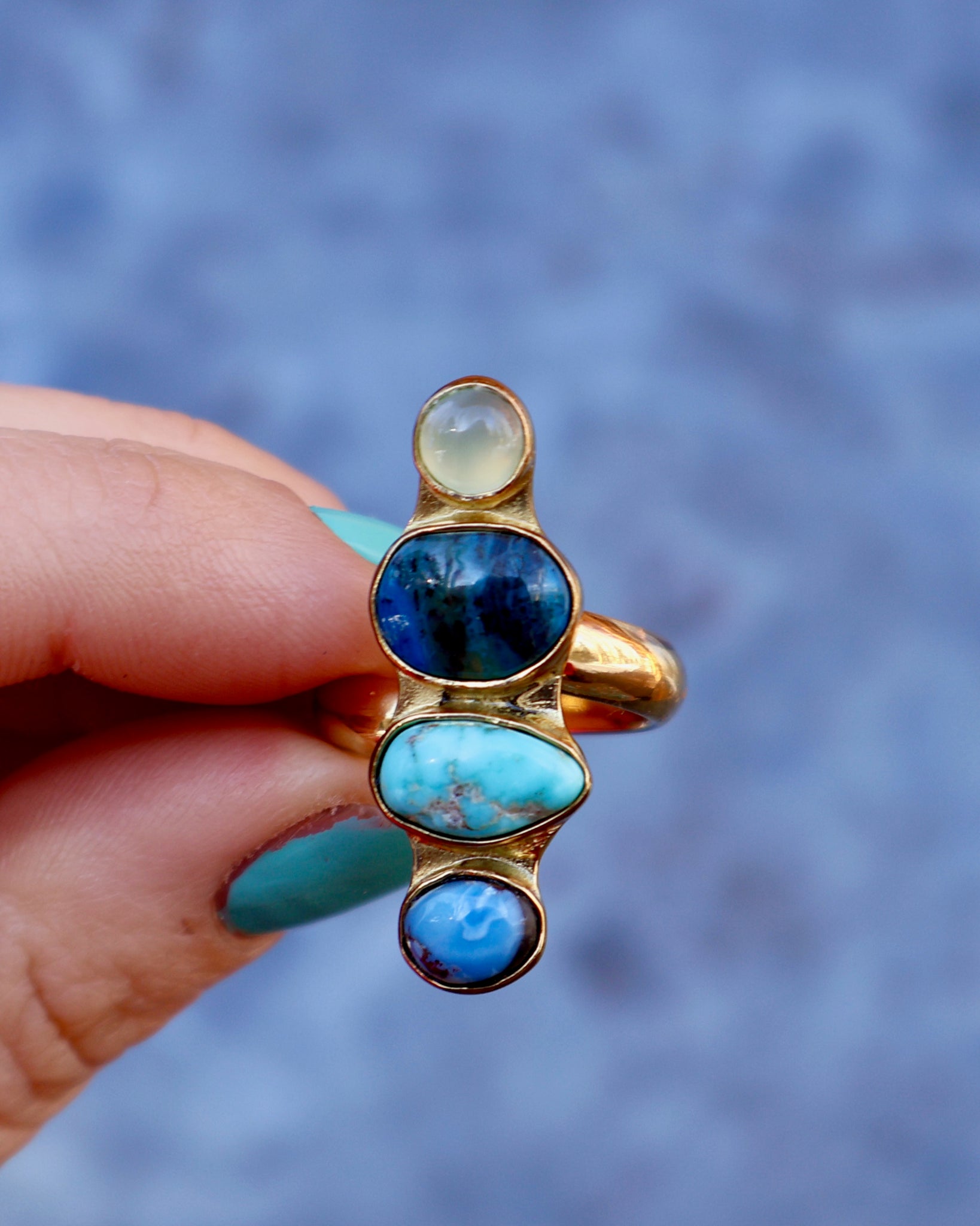 Winter Thaw Ring Chalcedony, Peruvian Opal &  Golden Hills Turquoise in Gold Alchemia, Adjustable Size WT13