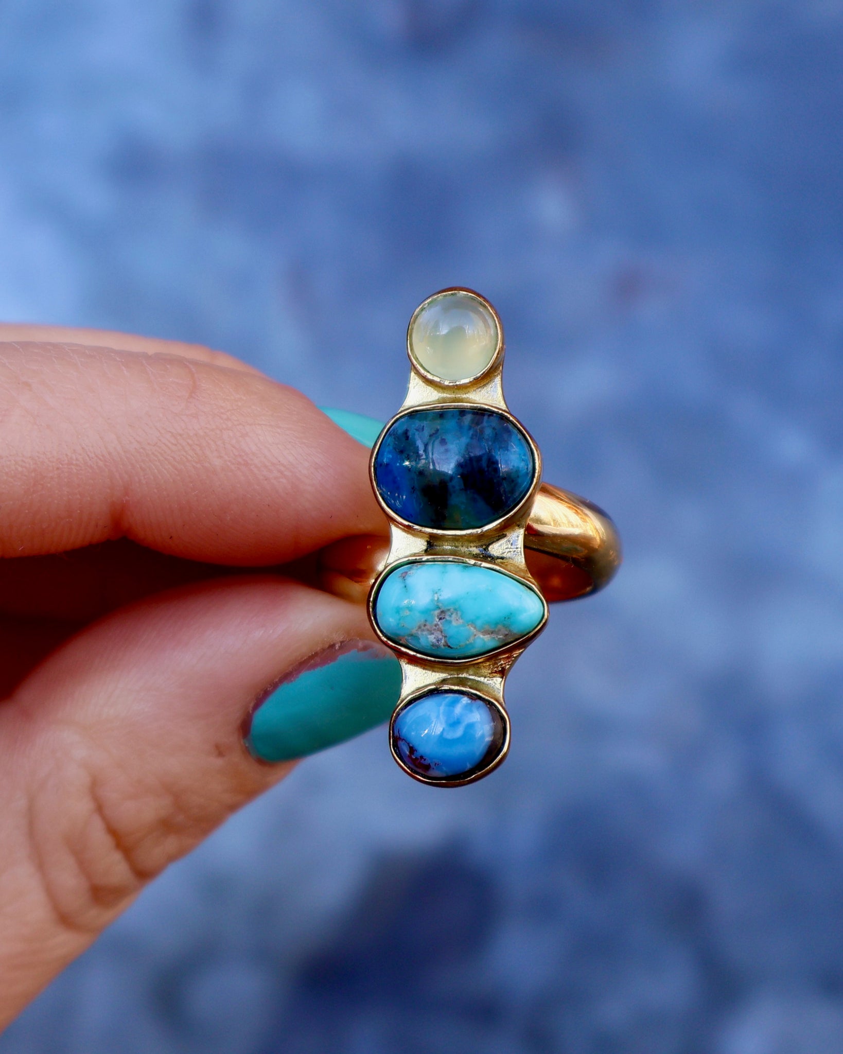 Winter Thaw Ring Chalcedony, Peruvian Opal &  Golden Hills Turquoise in Gold Alchemia, Adjustable Size WT13