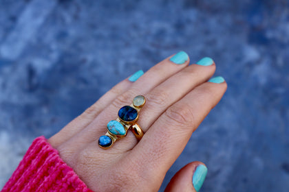Winter Thaw Ring Chalcedony, Peruvian Opal &  Golden Hills Turquoise in Gold Alchemia, Adjustable Size