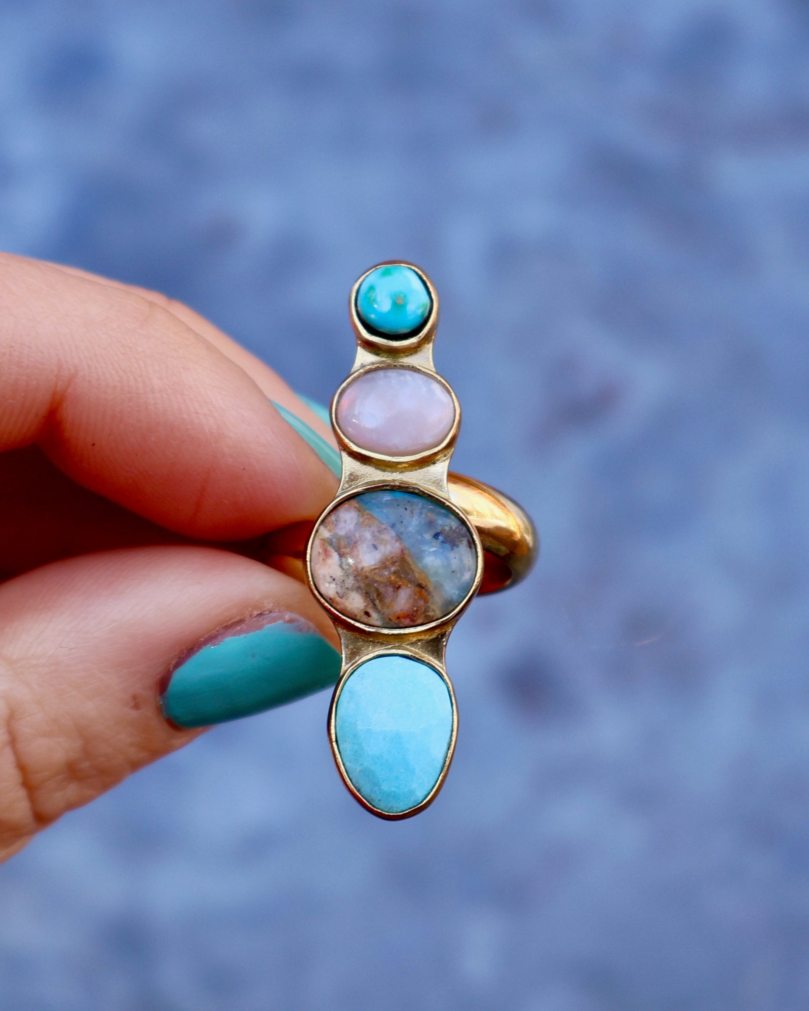 Winter Thaw Ring Peruvian Opal &  Turquoise in Gold Alchemia, Adjustable Size WT14