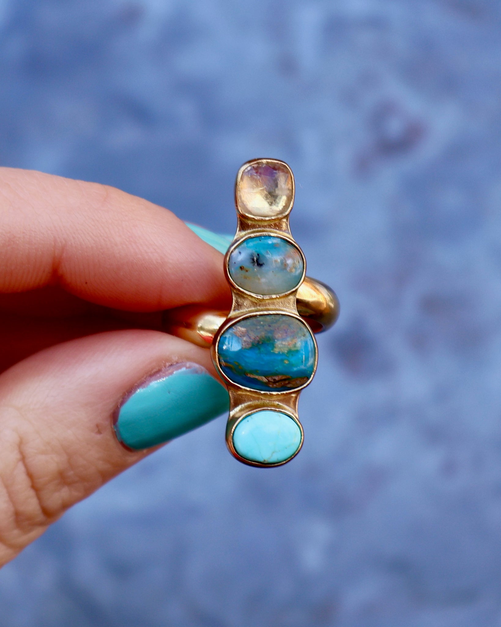 Winter Thaw Ring Peruvian Opal, Turquoise & Rainbow Moonstone in Gold Alchemia, Adjustable Size WT16