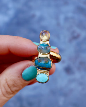 Winter Thaw Ring Peruvian Opal, Turquoise & Rainbow Moonstone in Gold Alchemia, Adjustable Size WT16