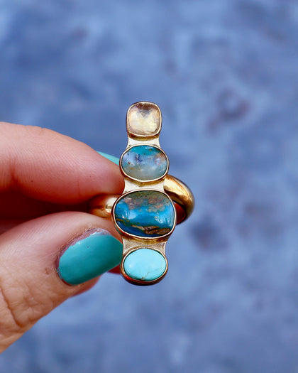 Winter Thaw Ring Peruvian Opal, Turquoise & Rainbow Moonstone in Gold Alchemia, Adjustable Size