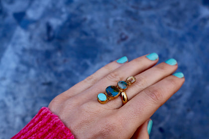 Winter Thaw Ring Peruvian Opal, Turquoise & Rainbow Moonstone in Gold Alchemia, Adjustable Size