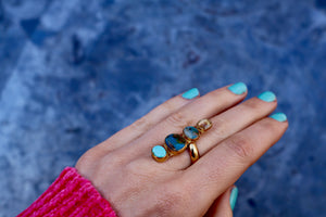 Winter Thaw Ring Peruvian Opal, Turquoise & Rainbow Moonstone in Gold Alchemia, Adjustable Size WT16