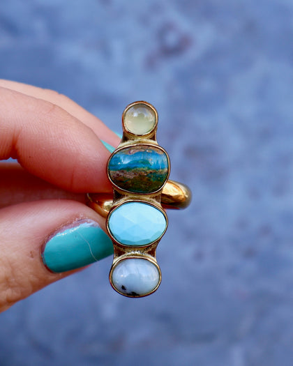 Winter Thaw Ring Peruvian Opal, Turquoise & Chalcedony in Gold Alchemia, Adjustable Size