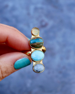 Winter Thaw Ring Peruvian Opal, Turquoise & Chalcedony in Gold Alchemia, Adjustable Size WT17