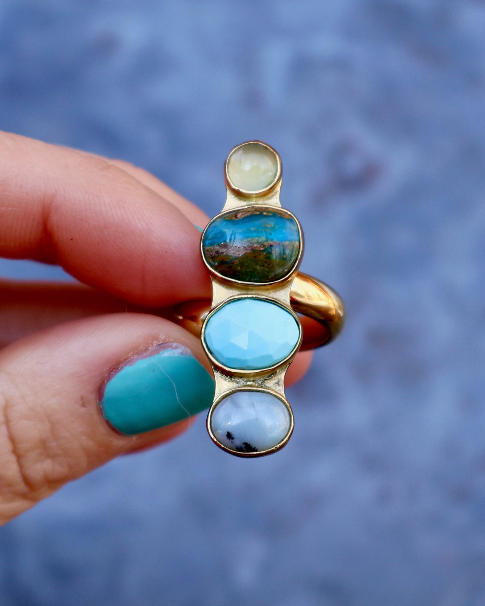 Winter Thaw Ring Peruvian Opal, Turquoise & Chalcedony in Gold Alchemia, Adjustable Size WT17