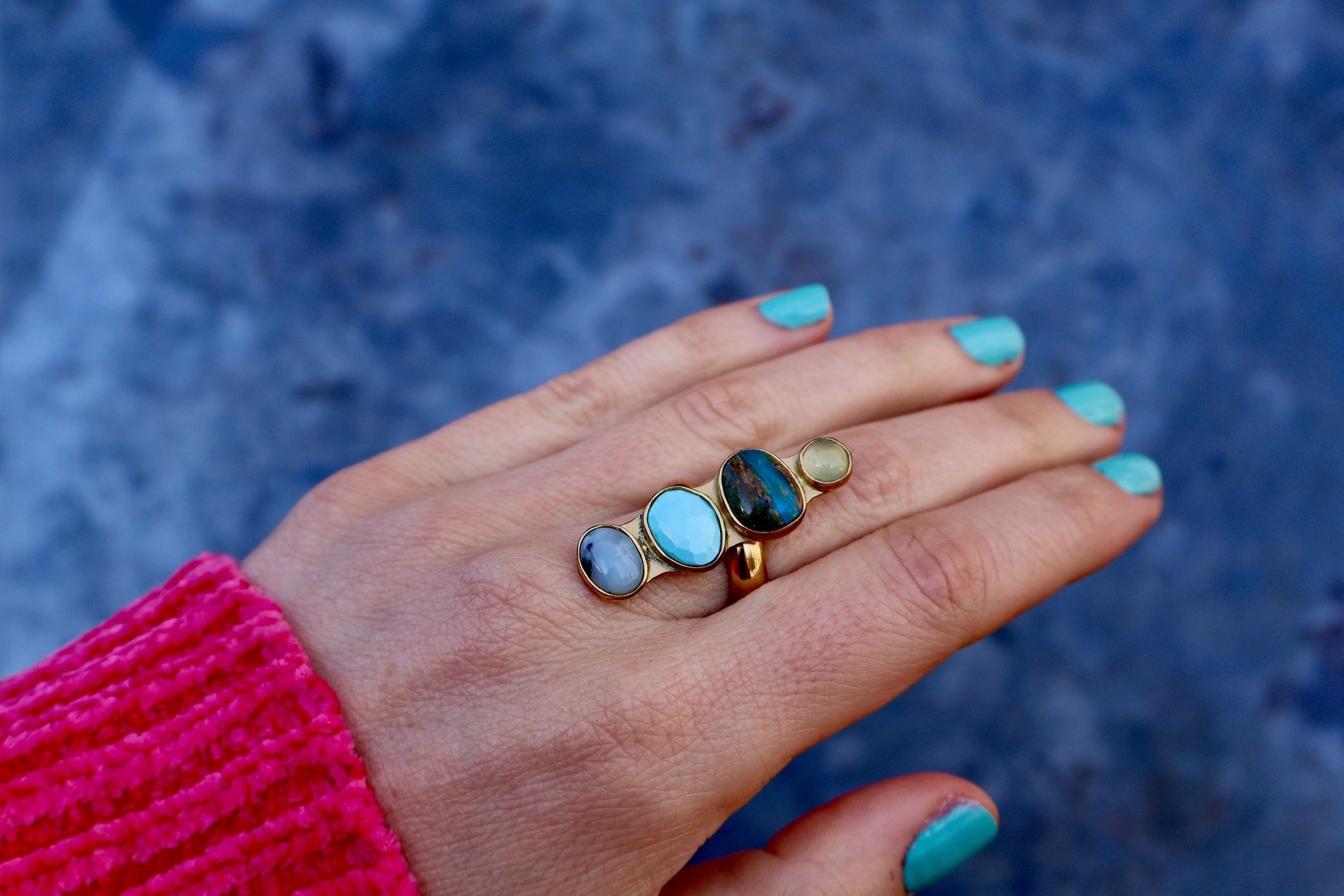 Winter Thaw Ring Peruvian Opal, Turquoise & Chalcedony in Gold Alchemia, Adjustable Size WT17