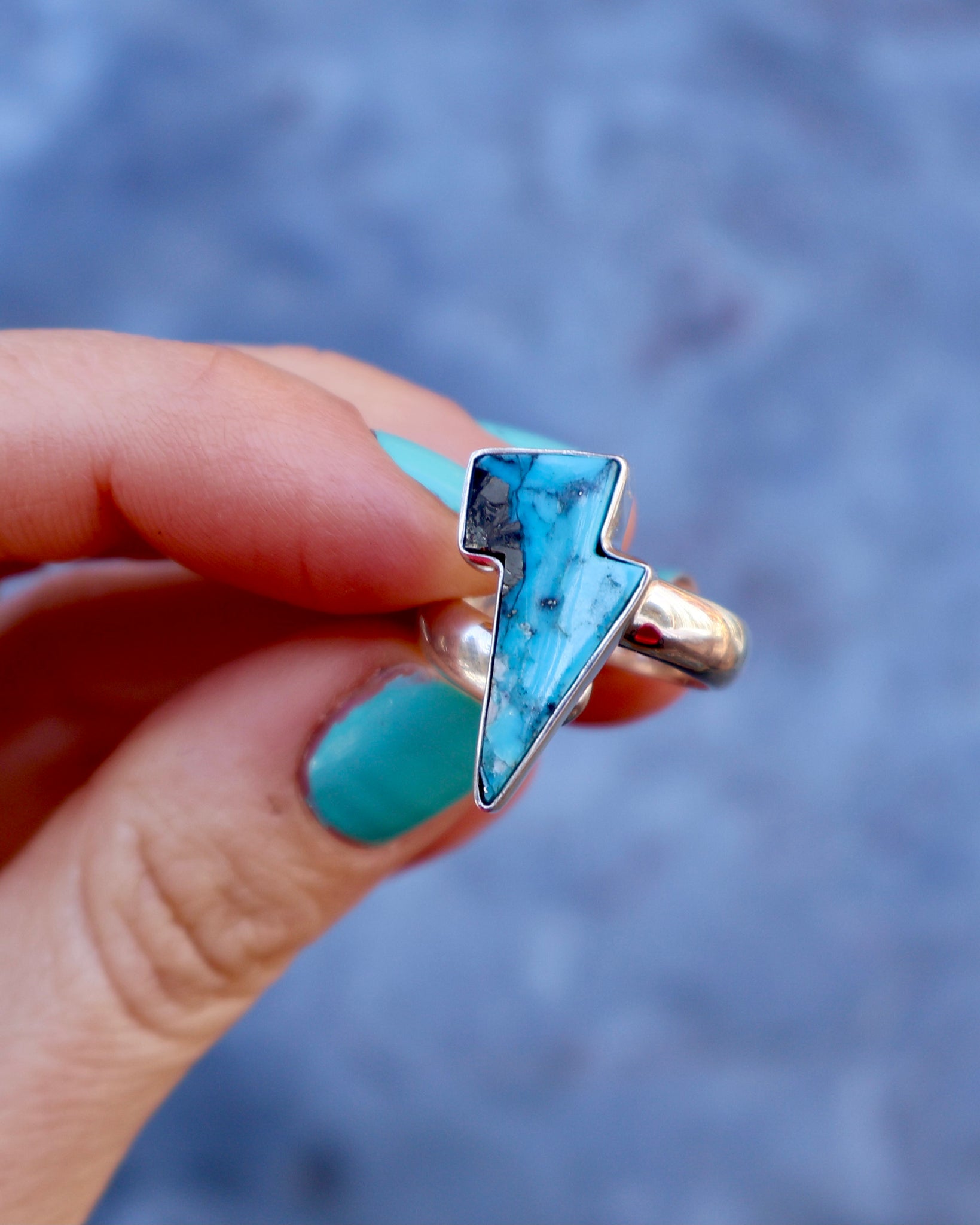 Lightning Bolt Ring in Armenian turquoise with Pyrite set in Sterling Silver Adjustable Size WT18