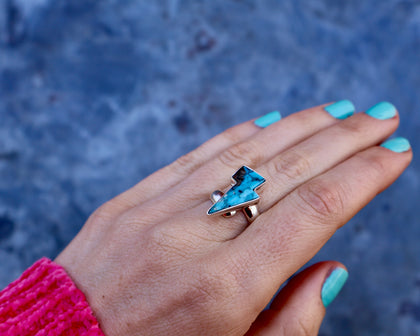 Lightning Bolt Ring in Armenian turquoise with Pyrite set in Sterling Silver Adjustable Size