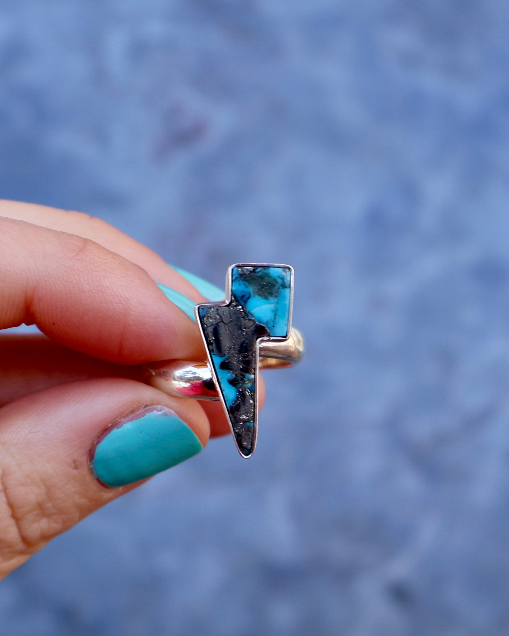 Lightning Bolt Ring in Armenian turquoise with Pyrite set in Sterling Silver Adjustable Size WT19