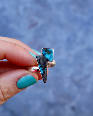 Lightning Bolt Ring in Armenian turquoise with Pyrite set in Sterling Silver Adjustable Size WT19