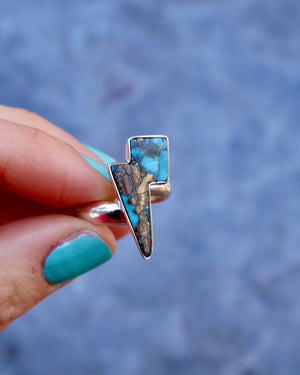 Lightning Bolt Ring in Armenian turquoise with Pyrite set in Sterling Silver Adjustable Size WT19