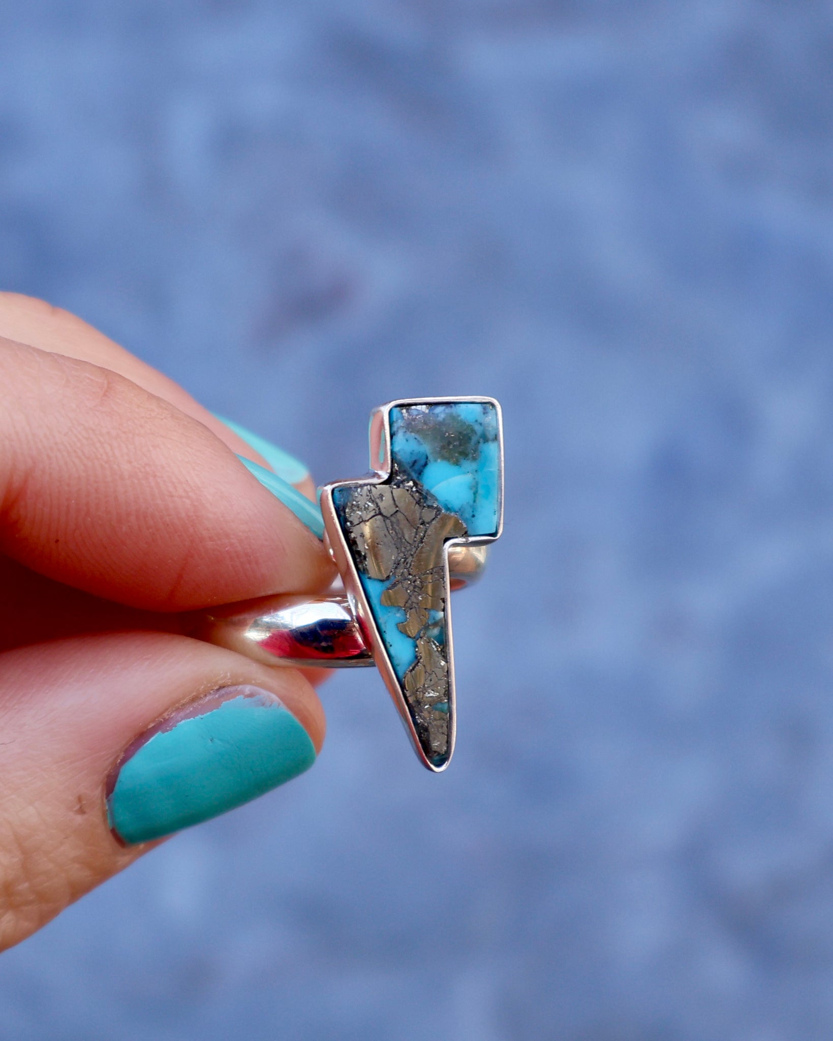 Lightning Bolt Ring in Armenian turquoise with Pyrite set in Sterling Silver Adjustable Size WT19