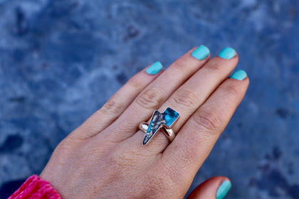Lightning Bolt Ring in Armenian turquoise with Pyrite set in Sterling Silver Adjustable Size