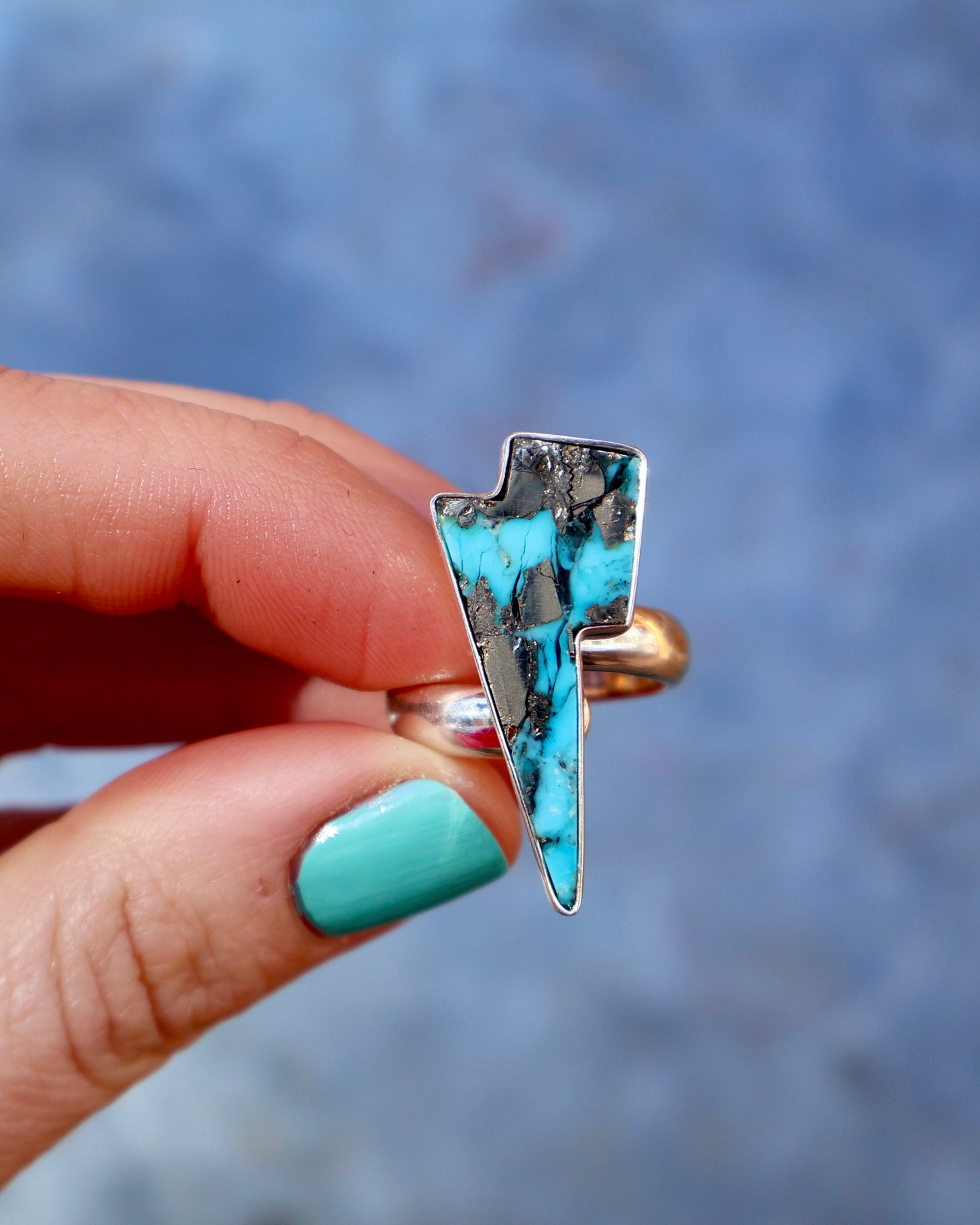 Lightning Bolt Ring in Armenian turquoise with Pyrite set in Sterling Silver Adjustable Size WT20