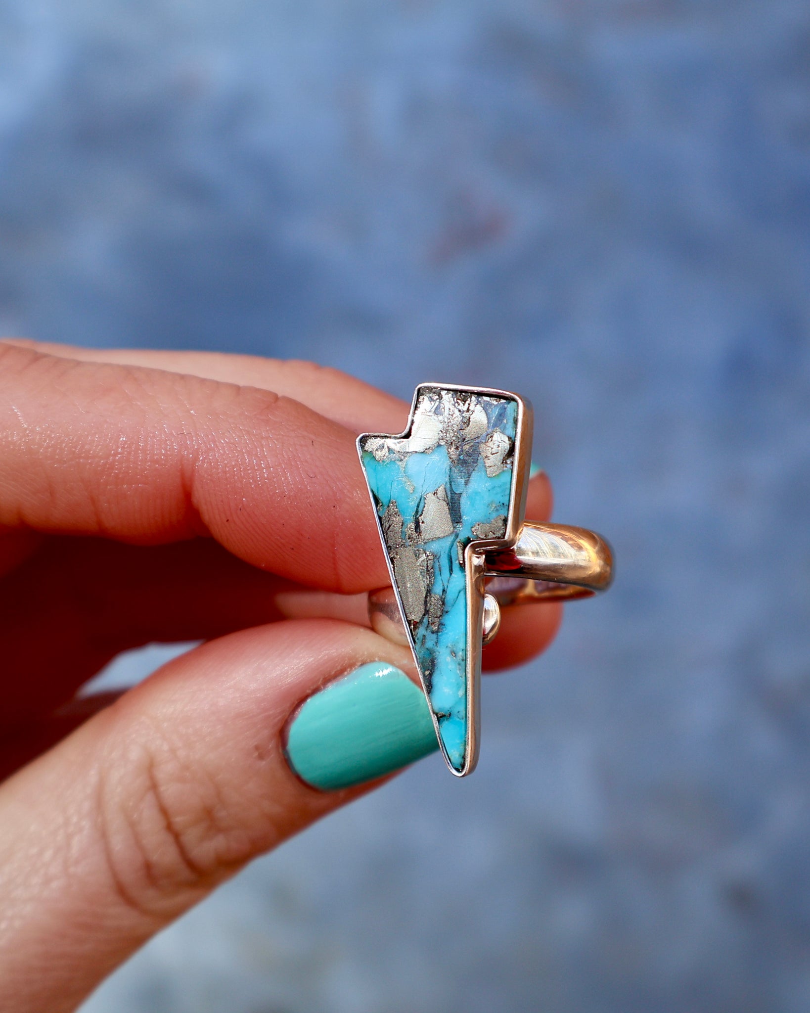 Lightning Bolt Ring in Armenian turquoise with Pyrite set in Sterling Silver Adjustable Size WT20