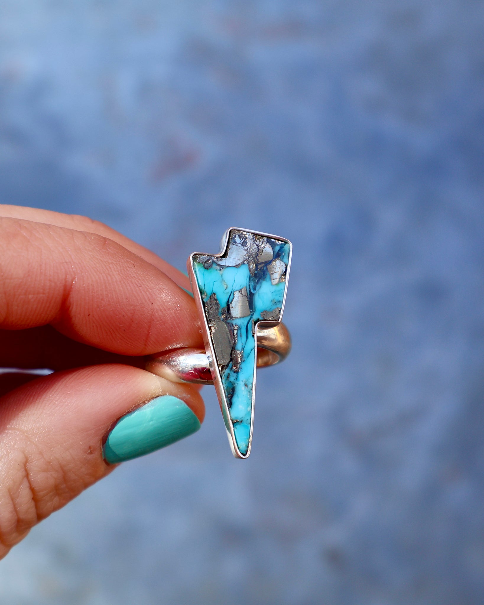 Lightning Bolt Ring in Armenian turquoise with Pyrite set in Sterling Silver Adjustable Size WT20