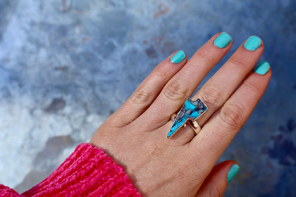 Lightning Bolt Ring in Armenian turquoise with Pyrite set in Sterling Silver Adjustable Size
