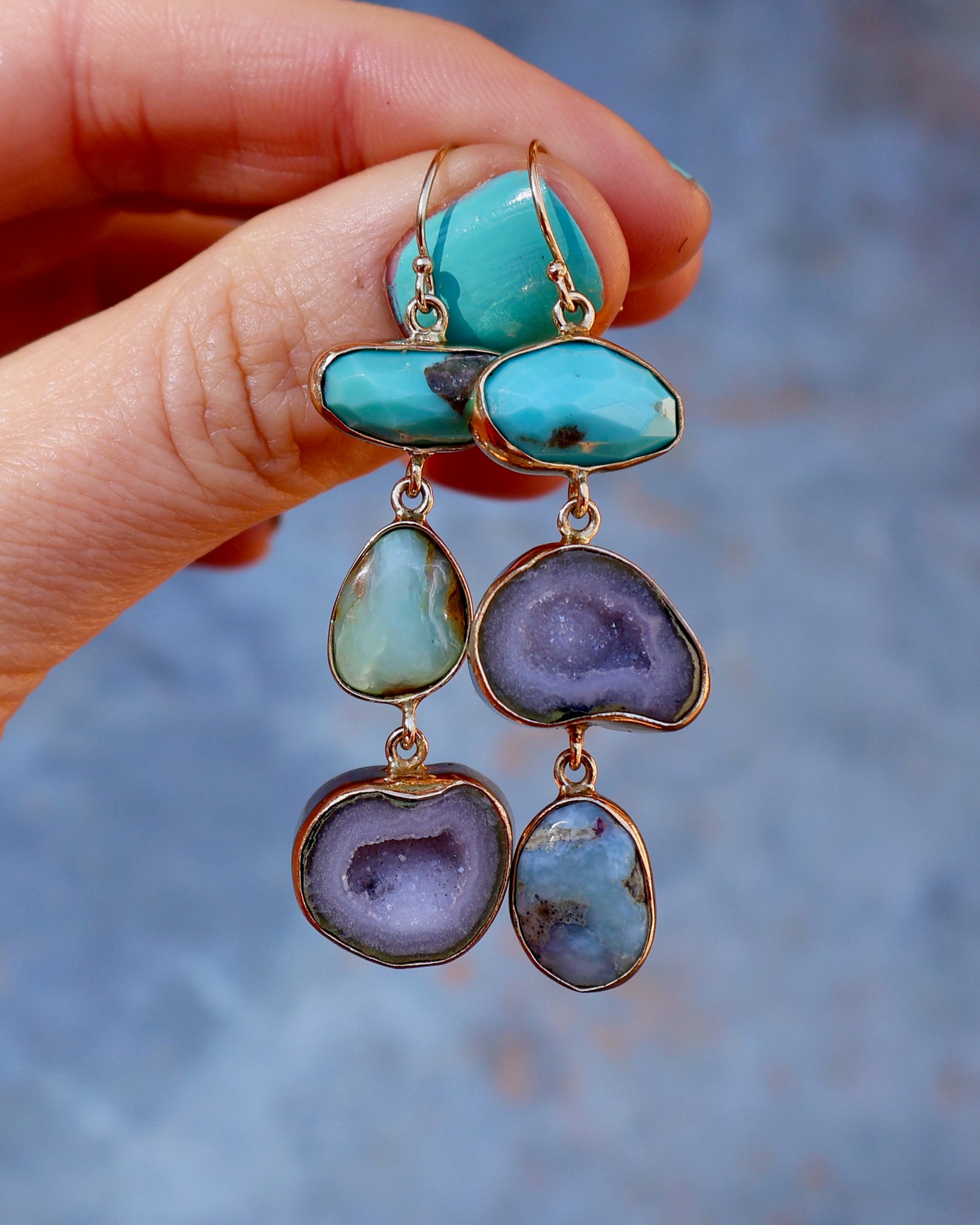 Winter Thaw Triple Stone Earrings White Turquoise,Opal & Geodes in Gold Tones