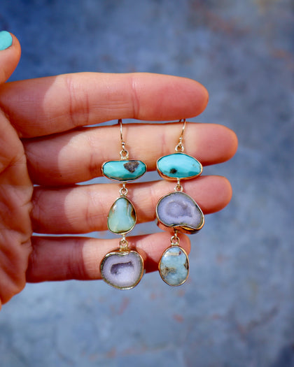 Winter Thaw Triple Stone Earrings White Turquoise,Opal & Geodes in Gold Alchemia