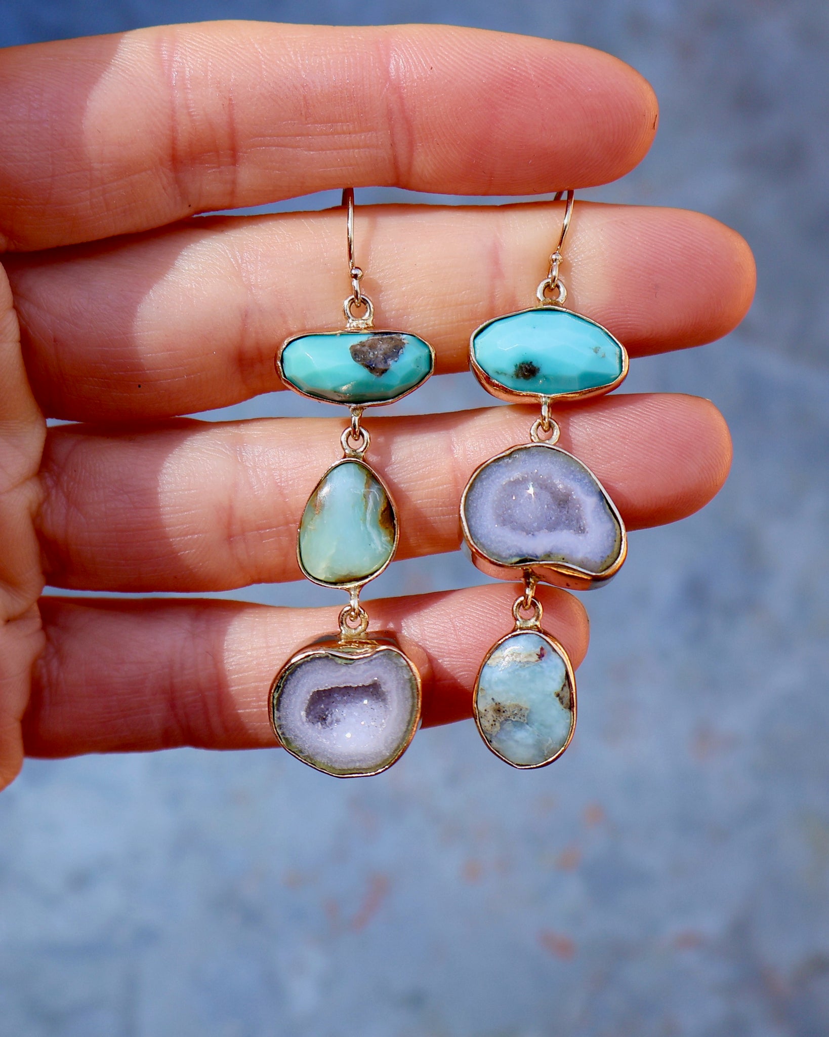 Winter Thaw Triple Stone Earrings White Turquoise,Opal & Geodes in Gold Tones