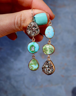 Winter Thaw Triple Stone Earrings Sonoran Gold Turquoise and Pyrite in Gold Tones