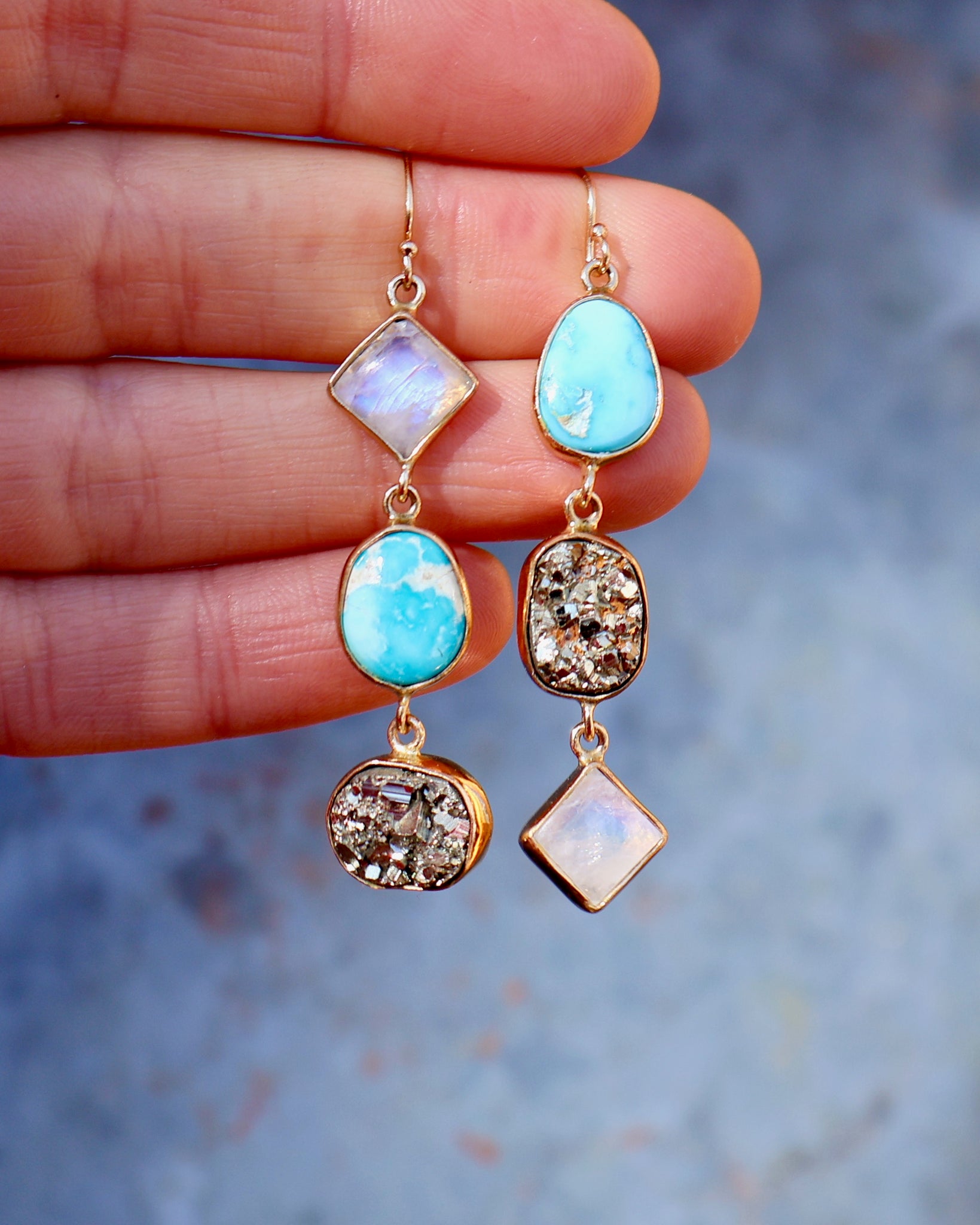 Winter Thaw Triple Stone Earrings Rainbow Moonstone, Pyrite & Turquoise in Gold Tones