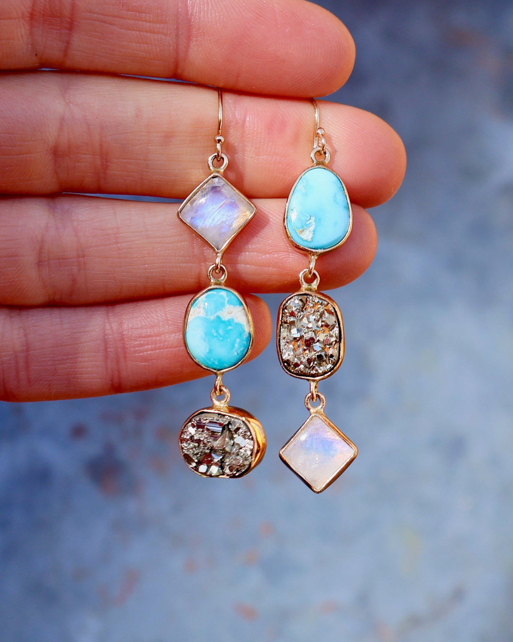 Winter Thaw Triple Stone Earrings Rainbow Moonstone, Pyrite & Turquoise in Gold Tones