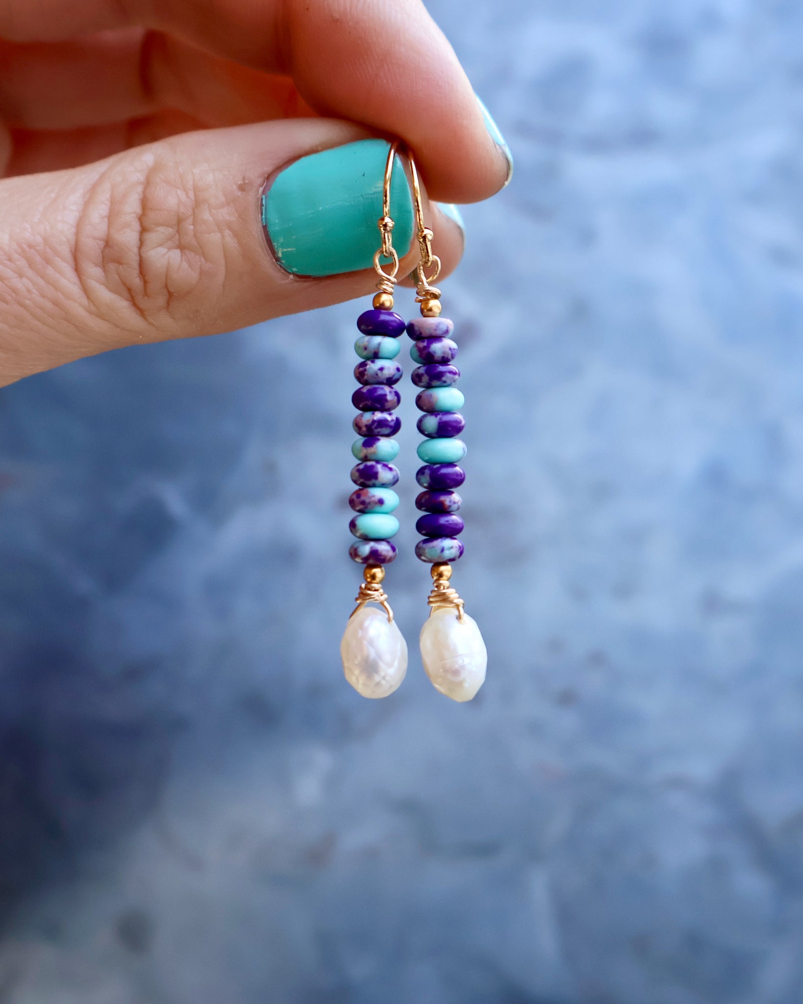 Winter Thaw  Mojave Turquoise & Faceted Pearl Earrings with Gold Fill Ear Wires