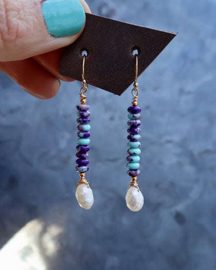 Winter Thaw  Mojave Turquoise & Faceted Pearl Earrings with Gold Fill Ear Wires