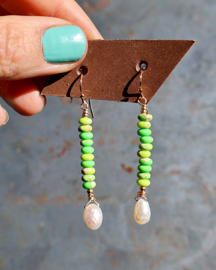 Winter Thaw  Gaspeite & Faceted Pearl Earrings with Gold Fill Ear Wires