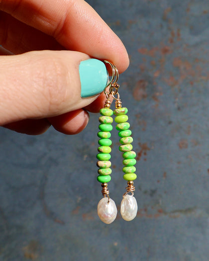 Winter Thaw  Gaspeite & Faceted Pearl Earrings with Gold Fill Ear Wires