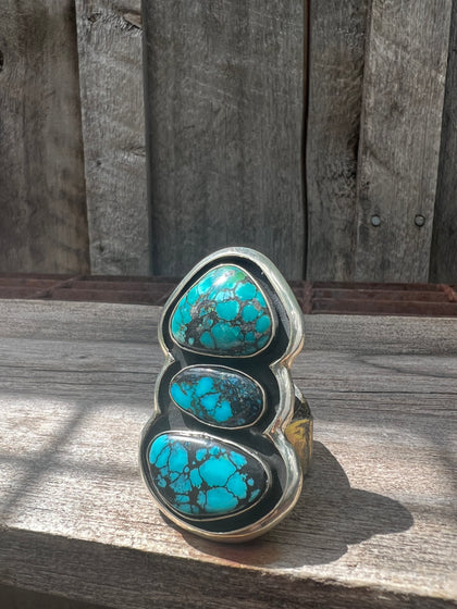 Triple Turquoise Ring in Sterling Silver Adjustable Band